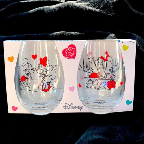 Disney Stemless Wine Glass Mickey & Minnie  Set of 2 NEW - Picture 1 of 5